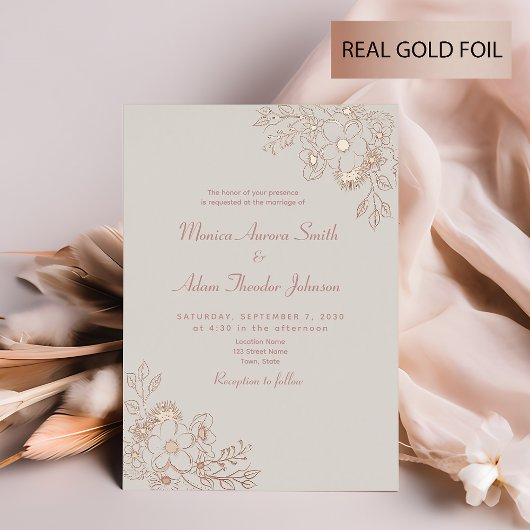 Neutral Floral Roos Gold Wedding Folie Uitnodiging