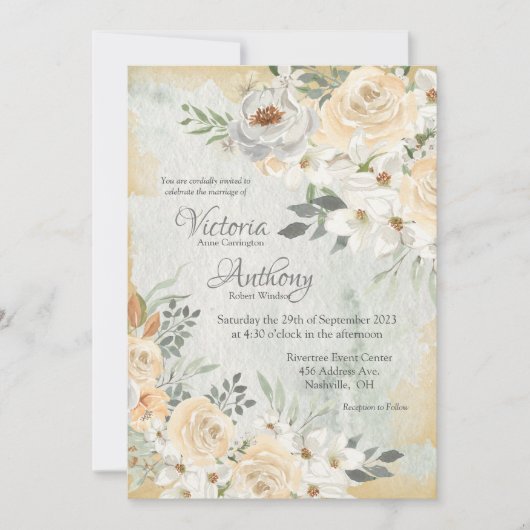 Neutral Floral Script Wedding Kaart (Voorkant)
