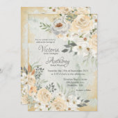 Neutral Floral Script Wedding Kaart (Voorkant / Achterkant)