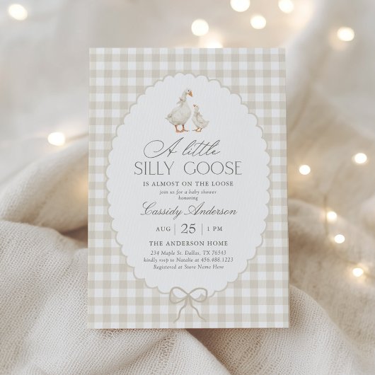 Neutral Gingham Silly Goose Baby Shower Kaart