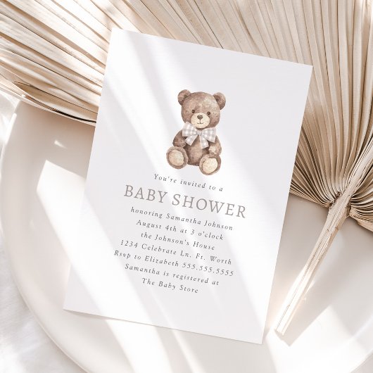 Neutral Gingham Simple Teddy Bear-Baby shower Kaart