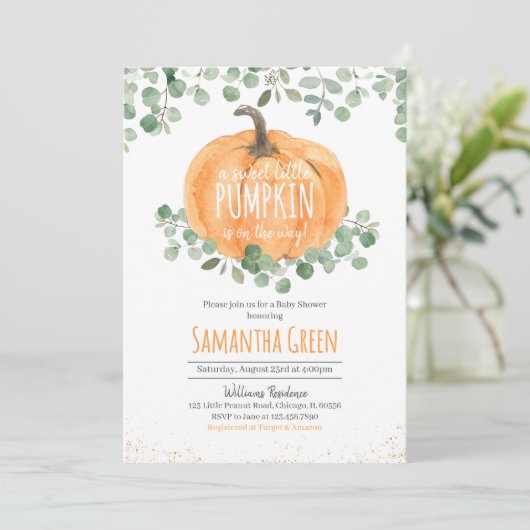 Neutral Greenery Oranje pompoen Baby shower Kaart (Staand voorkant)