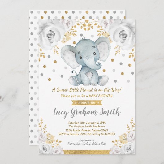 Neutral Olifant Baby shower Goudgrijs Bloemen Kaart (Voorkant / Achterkant)