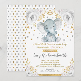 Neutral Olifant Baby shower Goudgrijs Bloemen Kaart