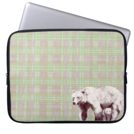Neutral Sage Plaid Bear Laptop Sleeve