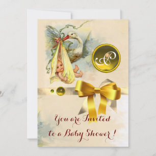 NEUTRAL STORK BABY SHOWER YELLOW GEMSTONE MONOGRAM KAART
