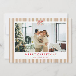 Neutral Stripe Bow Christmas Photo Holiday Card  Feestdagenkaart