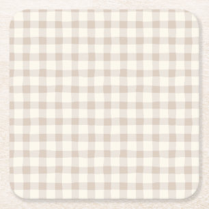 Neutral Tan Gingham Vierkante Kartonnen Onderzetter