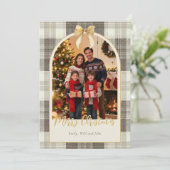 Neutral Tartan Bow Christmas Two Photo Feestdagenkaart (Staand voorkant)