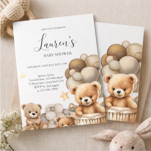 Neutral Teddy Bear Baby Shower Invitation