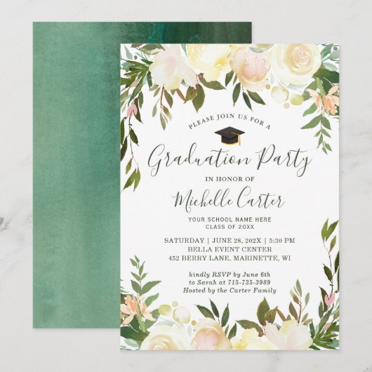 Neutral White Greenery Floral Graduation Party Kaart (Voorkant / Achterkant)