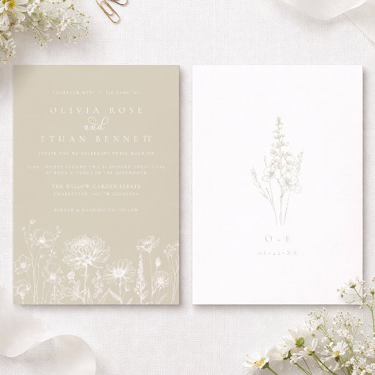 Neutral Wildflower Line Art Wedding Invitation