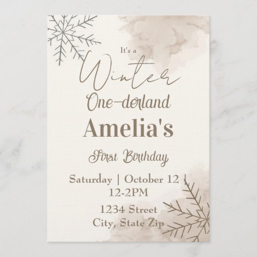 Neutral Winter First Birthday Invitation – Minimal (Devant)