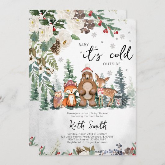 Neutral Winter Woodland Baby shower Kaart (Voorkant / Achterkant)