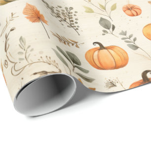 Neutrale Aquarel Pompoenen en Herfstblaadjes Takje Cadeaupapier