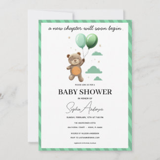 Neutrale babyshower uitnodiging teddybeer groen ba