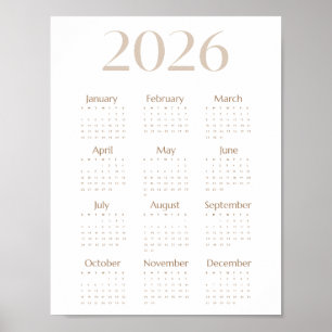 Neutrale Beige 2026 Kalender Minimalistisch Eén Pa Poster