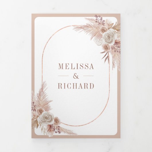 Neutrale Beige Bloemen Boho Pampas QR Code Bruilof Drieluik Uitnodiging (Cover)