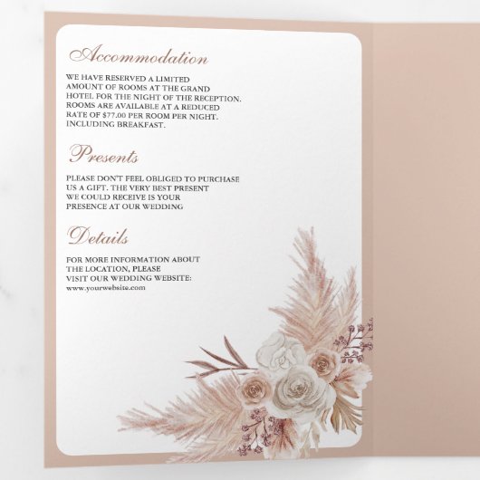 Neutrale Beige Bloemen Boho Pampas QR Code Bruilof Drieluik Uitnodiging (Binnenzijde eerst)