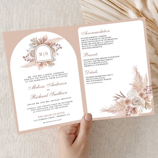 Neutrale Beige Bloemige Boho Pampas QR Code Trouwe