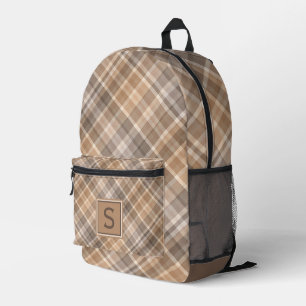 Neutrale Beige Bruine Taupe Plaid Gingham Patroon Bedrukte Rugzak