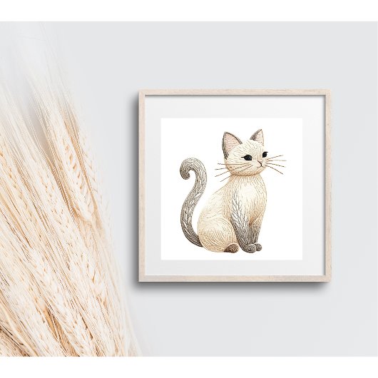 Neutrale Beige Kitty Geborduurd Boho Kat Poster