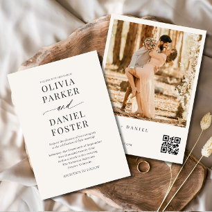 Neutrale Beige QR Code Foto Elegante Moderne Huwel Kaart