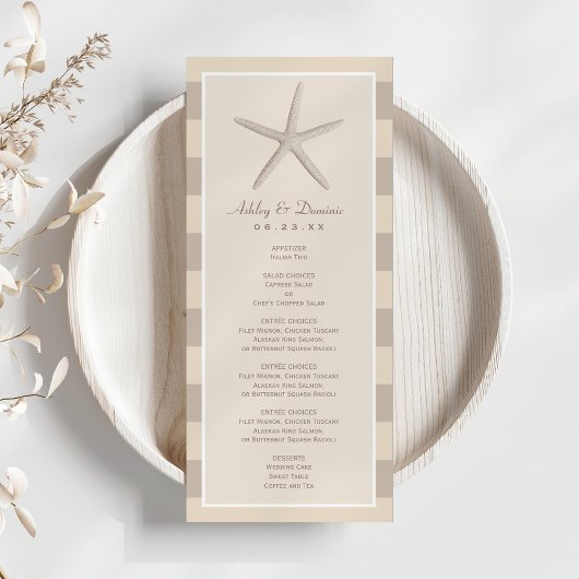 Neutrale Beige Zeester Strand Bruiloft Diner Menu