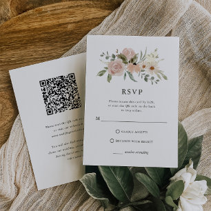Neutrale bloemen Combo QR-code en traditioneel RSVP Kaartje