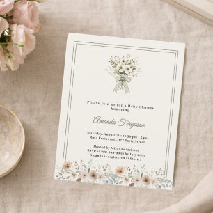 Neutrale bloemen groene ivoor Baby Shower uitnodig