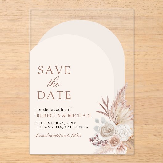 Neutrale Bloemen Pampas Boog Huwelijk Save the Dat Acryl Uitnodigingen (Voorkant)