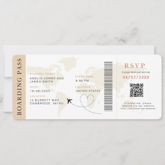 Neutrale Boarding Pass Bestemming bruiloft QR-code Kaart (Voorkant)