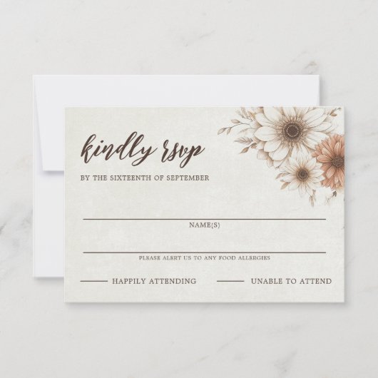Neutrale Boho bloemenbruiloft RSVP Kaartje (Voorkant)