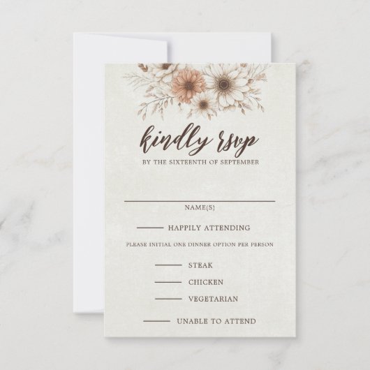 Neutrale Boho bloemenbruiloft RSVP Kaartje (Voorkant)