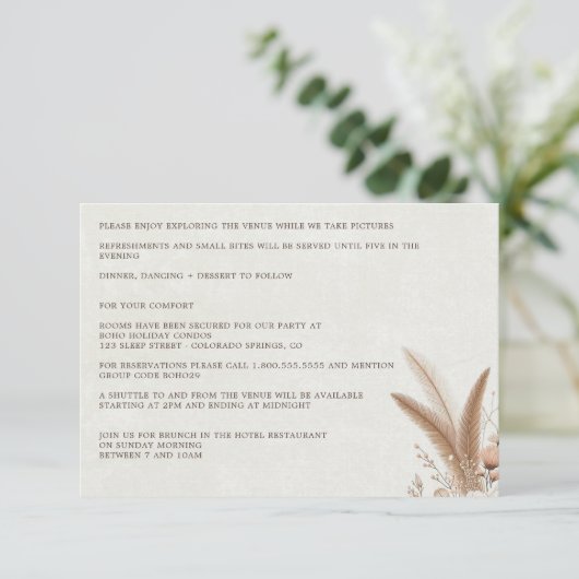 Neutrale Boho Bloemendetails Bruiloft Informatiekaartje (Staand voorkant)