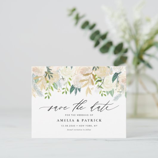 Neutrale Botanische Garland QR-code Save the Date Aankondigingskaart (Staand voorkant)