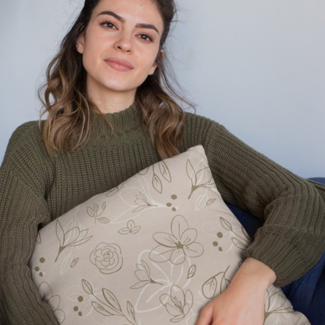 Neutrale bruine minimalistische moderne bloemen kussen (Neutral, timeless, minimalist floral illustration throw pillow dessign)