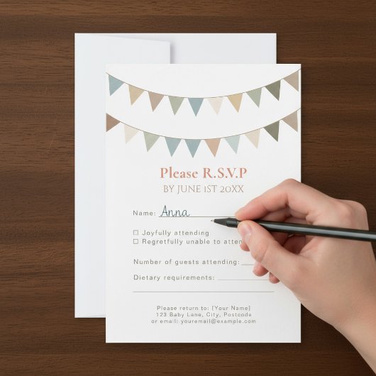 Neutrale bunting rustieke RSVP bruiloft reactie ka