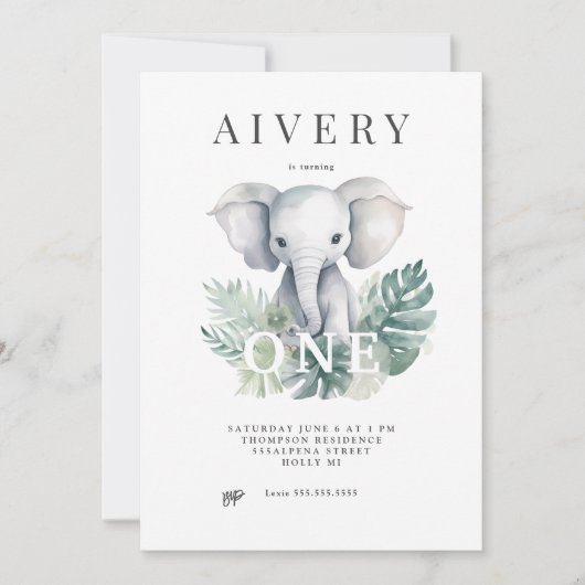 Neutrale Cute Elephant First Birthday Invitation Kaart (Voorkant)