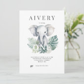Neutrale Cute Elephant First Birthday Invitation Kaart (Staand voorkant)