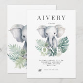 Neutrale Cute Elephant First Birthday Invitation Kaart (Voorkant / Achterkant)