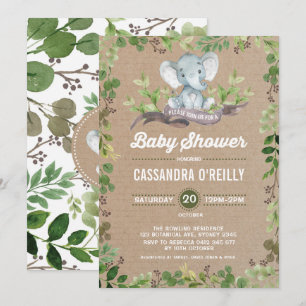Neutrale Elephant Baby shower Greenery Invitation Kaart