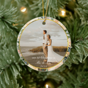 Neutrale Floral Gold Lijst eerste kerstfoto Keramisch Ornament