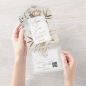 Neutrale Gedroogde Boho Bloemenlijst Crème QR-code All In One Uitnodiging (Afscheurbaar)
