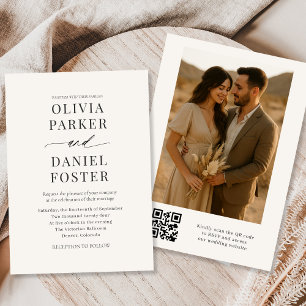 Neutrale Ivoorkleurige QR-code Foto Bruiloft Kaart