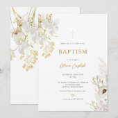 Neutrale Ivory Gold Wildflower Baptism Uitnodiging (Voorkant / Achterkant)