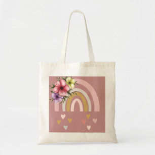 Neutrale kleur Boho-regenboog met bloemen Tote Bag