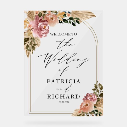 Neutrale Kleuren Boho Bloemen Bruiloft Welkomstbor Acryl Bord (Voorkant)