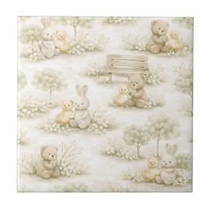 Neutrale Konijn Beer Picknick Bloementuin (2) Tegeltje