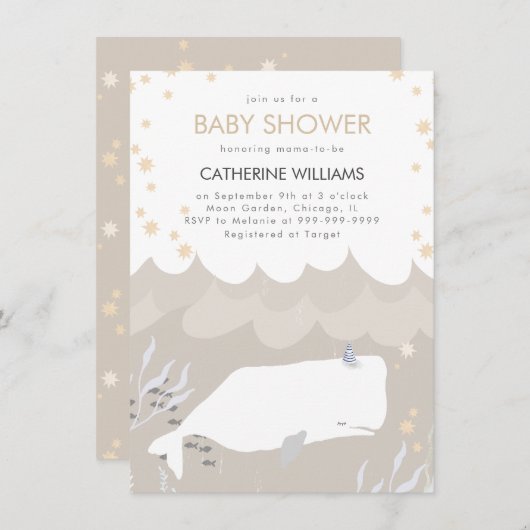 Neutrale Leuke Witte Walvis Baby shower Uitnodigin Kaart (Voorkant / Achterkant)